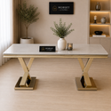 Travertin Eettafel X poten Goud Tafelblad Wit  180x90cm