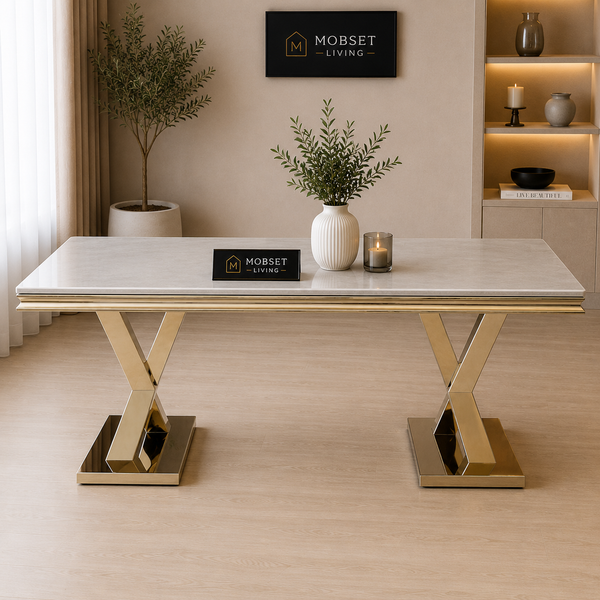 Travertin Eettafel X poten Goud Tafelblad Wit  180x90cm