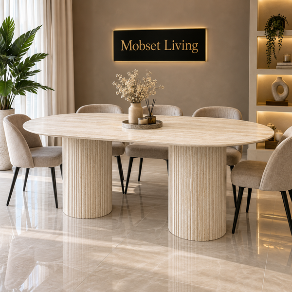 Eettafel Japandi travertin 2 potig ovaal 180cm - Kimberly