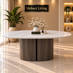 Ovalen Japandi Eettafel – Travertin met Bruine Poot – 160 cm