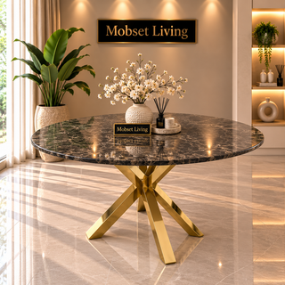Ronde Bruine Travertin Eettafel 130 cm Gouden X-poot - Luna