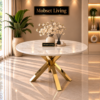 Ronde Travertin Eettafel 130 cm  Witte blad- Gouden X-poot - Elena