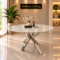 Ronde Travertin Eettafel 130 cm Witte blad- Zilveren X-poot - Rosa