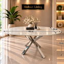 Ovale Travertin Eettafel 180x90 cm Witte blad- Zilveren X-poot - Rosa