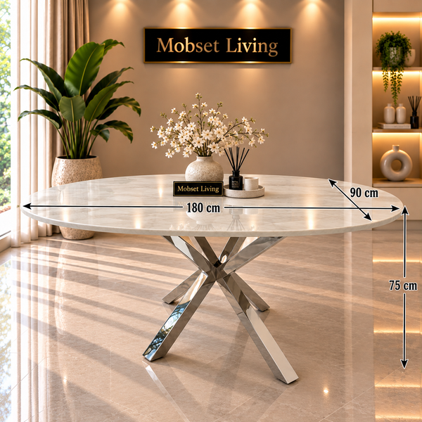 Ovale Travertin Eettafel 180x90 cm Witte blad- Zilveren X-poot - Rosa