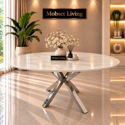 Ovale Travertin Eettafel 180x90 cm Witte blad- Zilveren X-poot - Rosa
