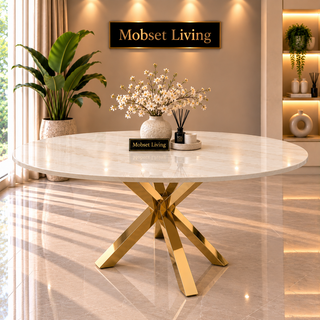 Ovale Travertin Eettafel 180x90 cm Witte blad- Gouden X-poot - Elena