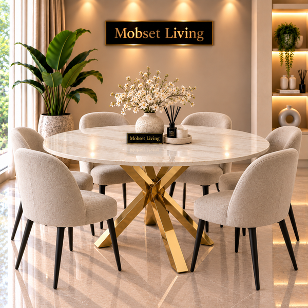 Ovale Travertin Eettafel 180x90 cm Witte blad- Gouden X-poot - Elena