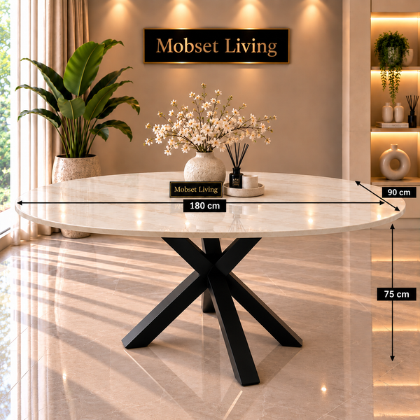Ovale Travertin Eettafel 180x90 cm Witte blad - Zwarte X-poot - Luna