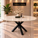 Ovale Travertin Eettafel 180x90 cm Witte blad - Zwarte X-poot - Luna