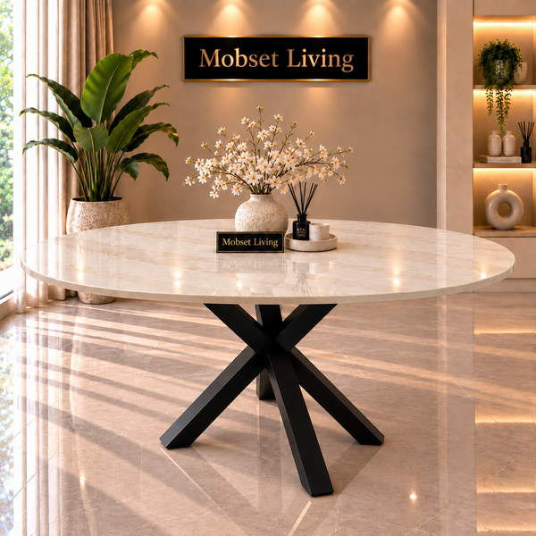 Ovale Travertin Eettafel 180x90 cm Witte blad - Zwarte X-poot - Luna