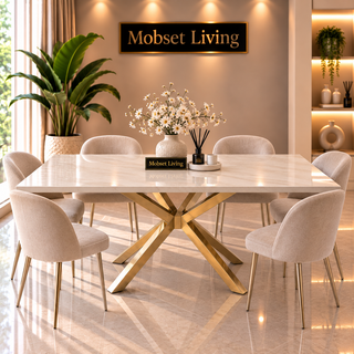 Rechthoekige Travertin Eettafel 180x90 cm Witte blad - Gouden X-poot - Elena