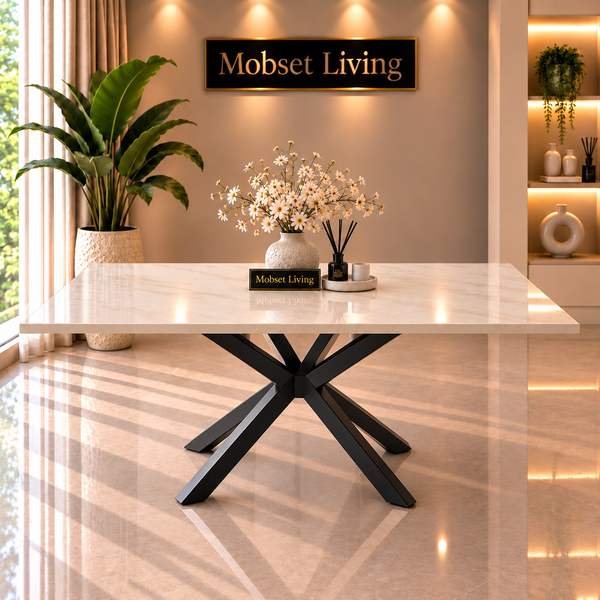 Langwerpige Travertin Eettafel 180x90 cm Witte blad - Zwarte X-poot - Luna