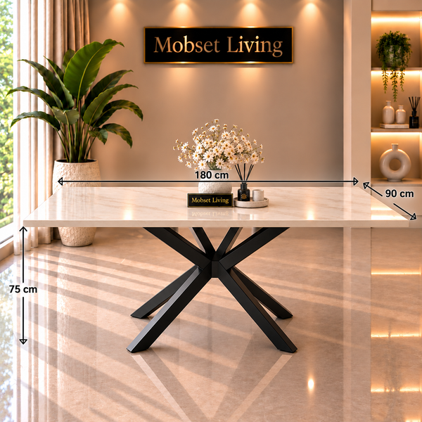 Langwerpige Travertin Eettafel 180x90 cm Witte blad - Zwarte X-poot - Luna