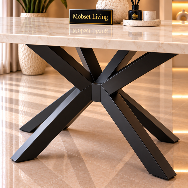 Langwerpige Travertin Eettafel 180x90 cm Witte blad - Zwarte X-poot - Luna