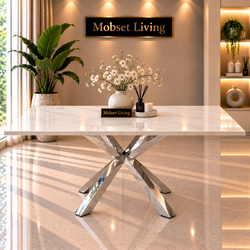 Rechthoekige Travertin Eettafel 180x90 cm Witte blad - Zilveren X-poot - Rosa