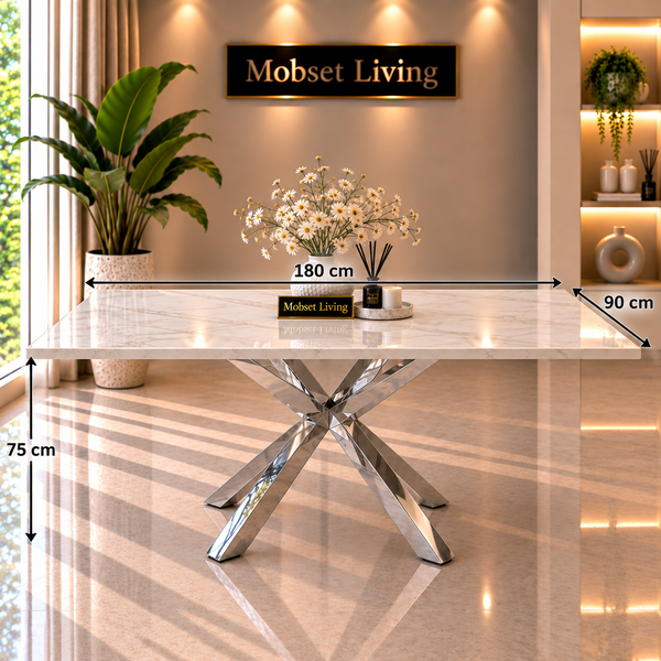 Rechthoekige Travertin Eettafel 180x90 cm Witte blad - Zilveren X-poot - Rosa