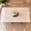 Rechthoekige Travertin Eettafel 180x90 cm Witte blad - Zilveren X-poot - Rosa