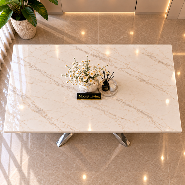 Rechthoekige Travertin Eettafel 180x90 cm Witte blad - Zilveren X-poot - Rosa