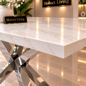 Rechthoekige Travertin Eettafel 180x90 cm Witte blad - Zilveren X-poot - Rosa