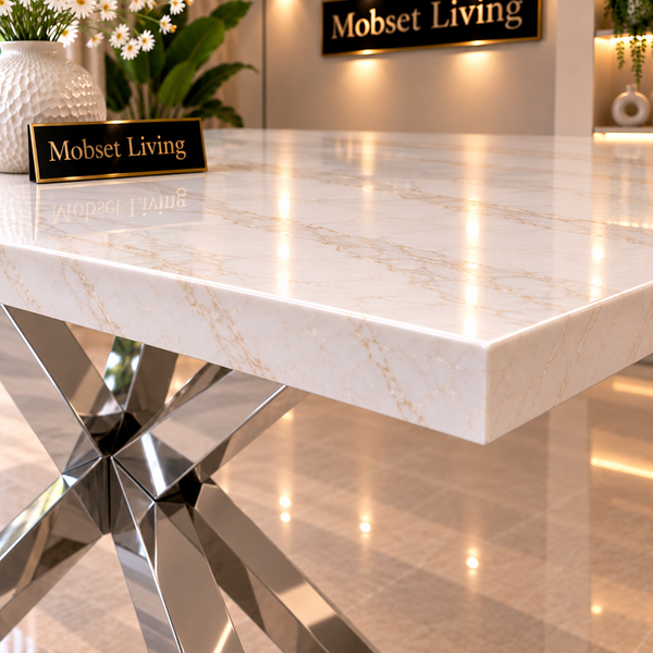 Rechthoekige Travertin Eettafel 180x90 cm Witte blad - Zilveren X-poot - Rosa