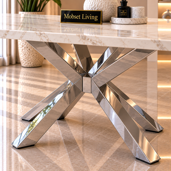 Rechthoekige Travertin Eettafel 180x90 cm Witte blad - Zilveren X-poot - Rosa