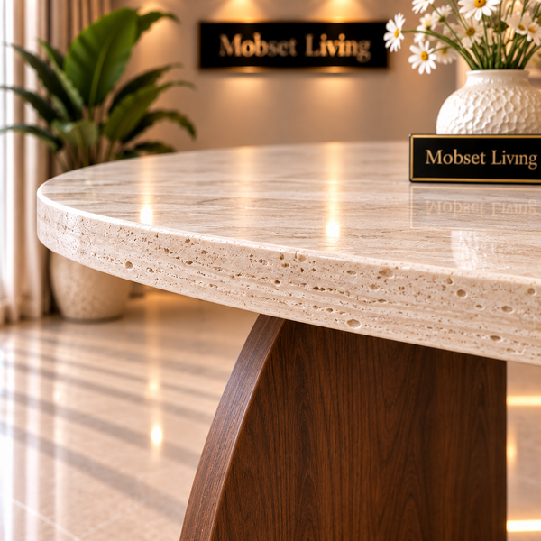 Eettafel Travertin Blad Ovaal Poot Bruin 160x90cm