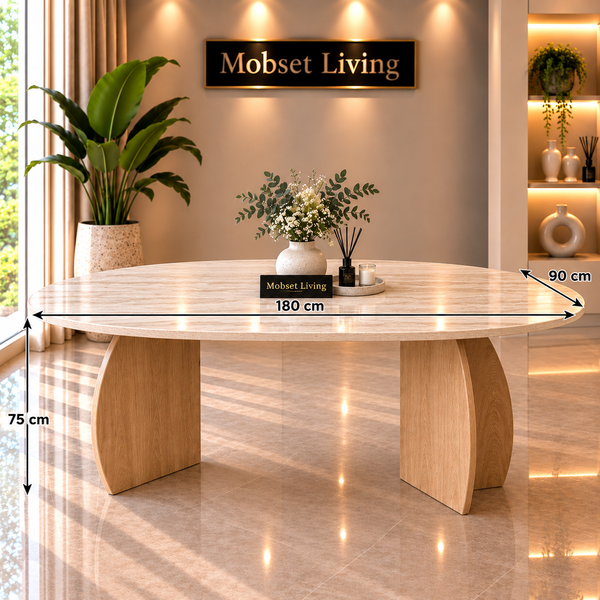 Eettafel Travertin Blad Poten Hout 160x90cm