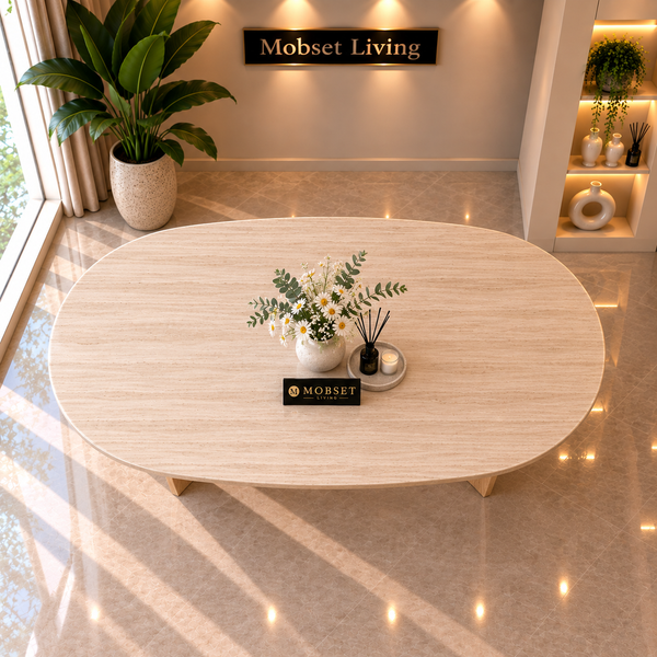 Eettafel Travertin Blad Poten Hout 160x90cm