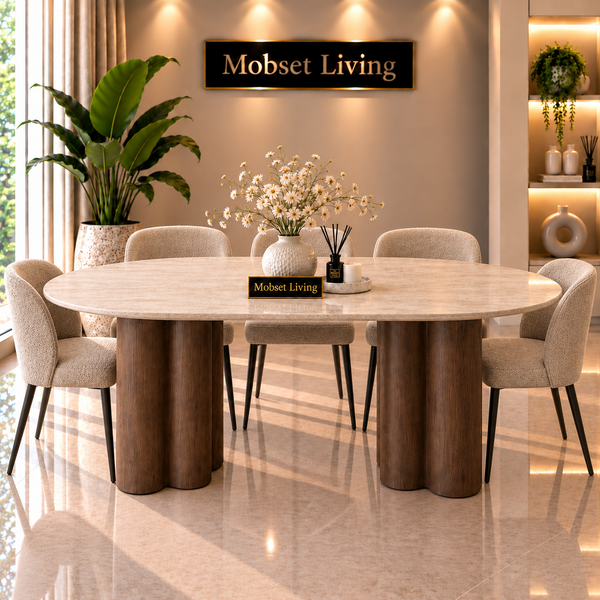 Ovale Japandi Travertijn Eettafel 180 x 90 cm – Beige met Bruine Poot