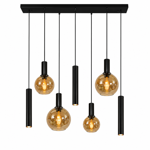 Industriële Hanglamp voor Eettafel – Zwart/Amber Glas – 7-Lichts – Dimbaar