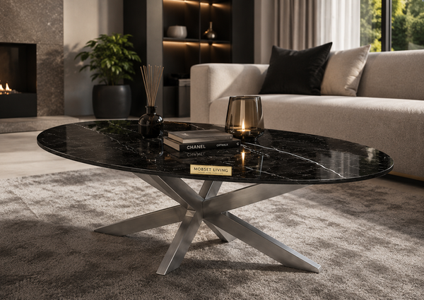 Salontafel Ovaal Zwart Travertin Poten Zilver