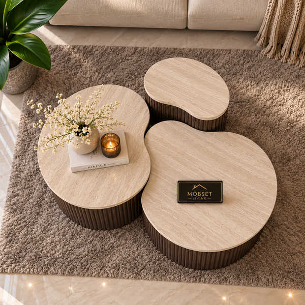 Japandi Salontafels Travertine-3-delig Bruin Design