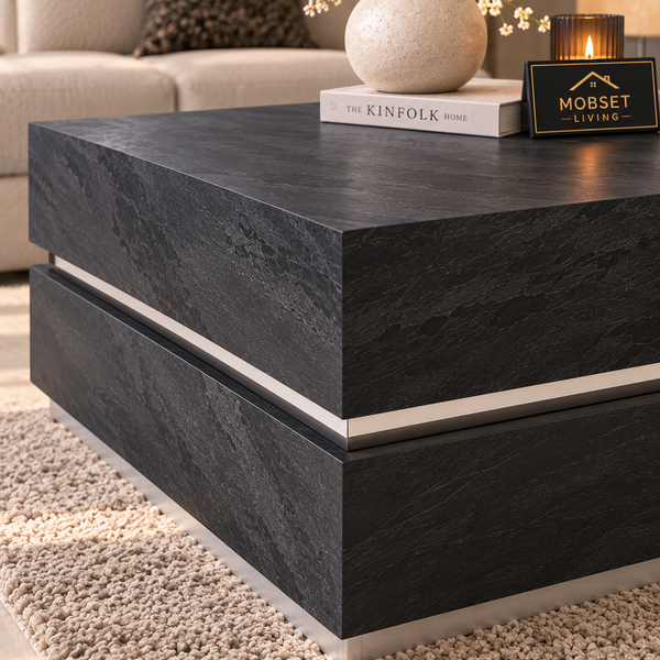 Zwarte salontafel – Rechthoekig mangohout met visgraat design