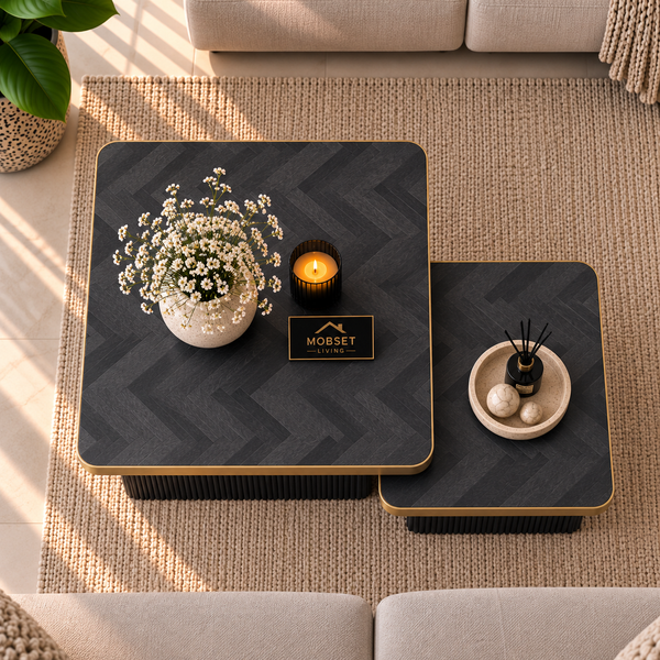 Exclusieve Set van 2 Salontafels – Visgraat  Doorlopend Gouden Accent
