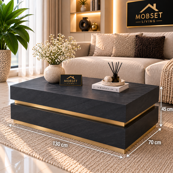 Salontafel Zwart Visgraat Patroon & Goud Design - 130 cm