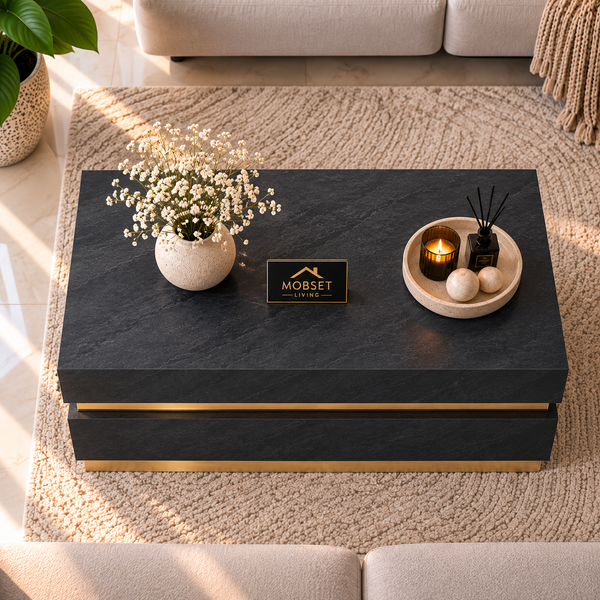 Salontafel Zwart Visgraat Patroon & Goud Design - 130 cm