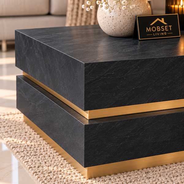 Salontafel Zwart Visgraat Patroon & Goud Design - 130 cm