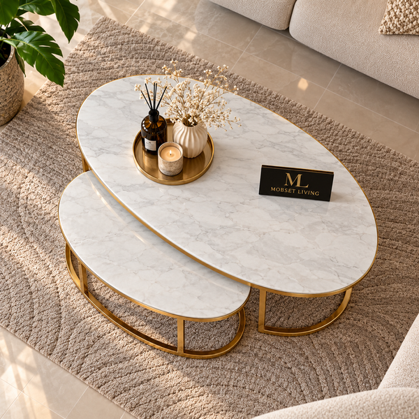 Salontafels Ovaal Travertin Dubbel Goud
