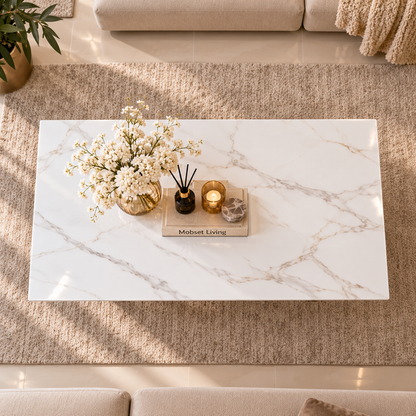 Salontafel Travertin Goud Wit Blad 130 cm - Edina