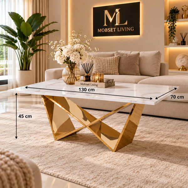 Salontafel Travertin Goud Wit Blad 130 cm - Edina
