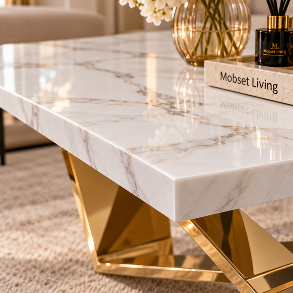 Salontafel Travertin Goud Wit Blad 130 cm - Edina