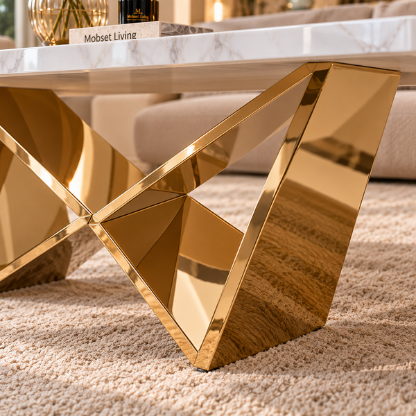 Salontafel Travertin Goud Wit Blad 130 cm - Edina