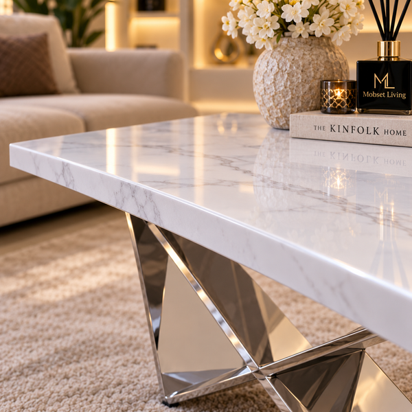 Salontafel Travertin Zilver Wit Blad 130 cm - Edina