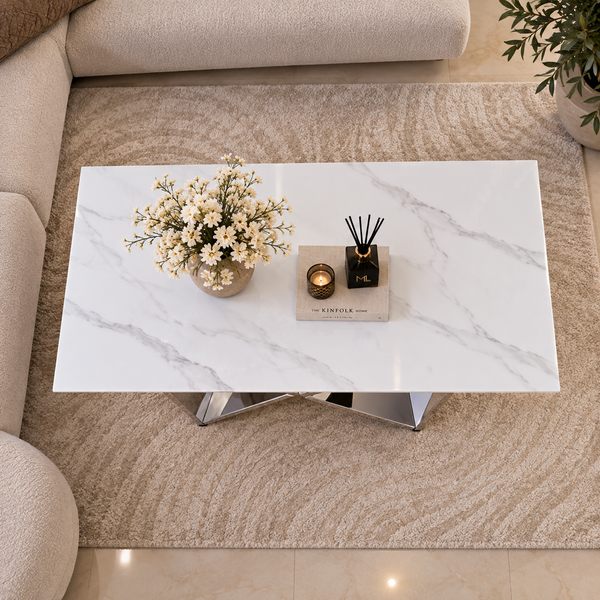 Salontafel Travertin Zilver Wit Blad 130 cm - Edina