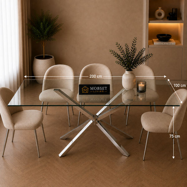 Glazen Eettafel 200x100 cm – Luxe Design met RVS Onderstel