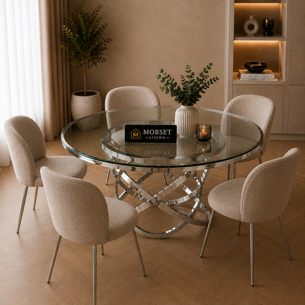 Ronde Glazen Eettafel 130 cm – Luxe Design met RVS Onderstel