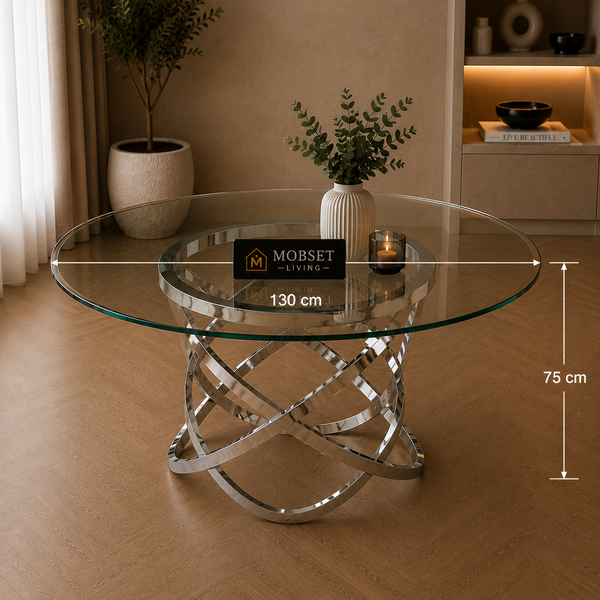 Ronde Glazen Eettafel 130 cm – Luxe Design met RVS Onderstel