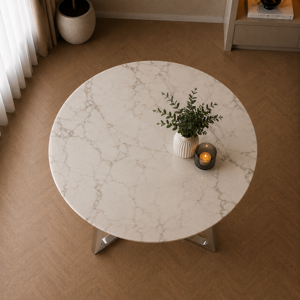 Ronde Travertin Eettafel 130 cm – Beige met Zilveren RVS Onderstel