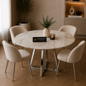 Ronde Travertin Eettafel 130 cm – Beige met Zilveren RVS Onderstel
